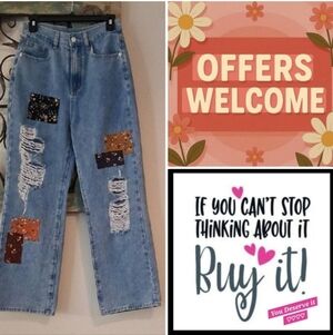 Multicolor Patchwork Flare Jeans. Size Small